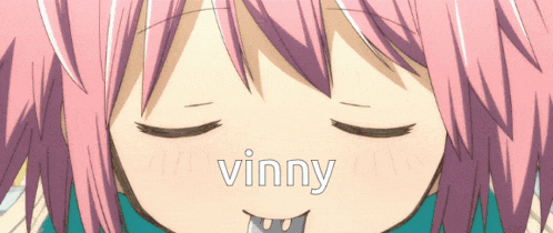 a close up of a pink haired anime girl with the name vinny written on the bottom