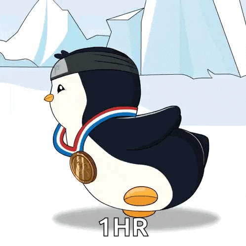 a penguin is wearing a medal around its neck and the word 1hr is on the bottom right