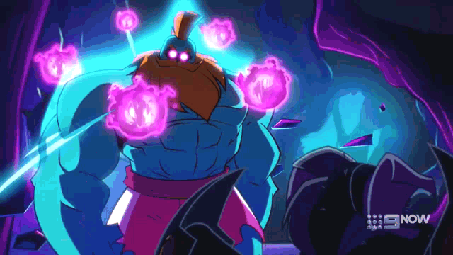 a cartoon character with a beard is surrounded by purple glowing balls and the word now is on the bottom