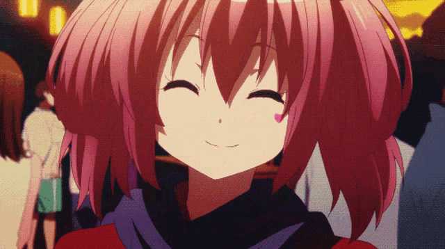 a girl with pink hair is smiling with a heart on her face