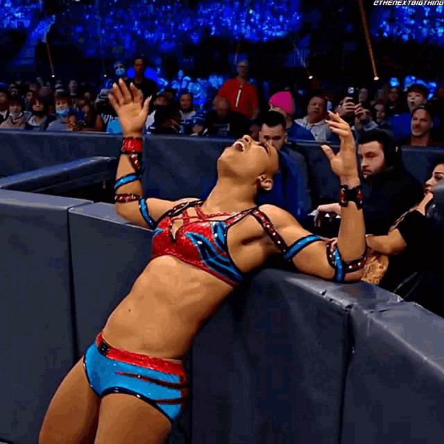 a woman in a wrestling outfit is leaning over a fence with her arms outstretched in front of a crowd