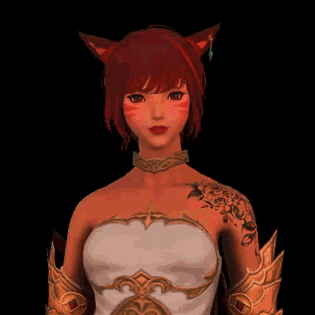 a girl with red hair and a tattoo on her arm