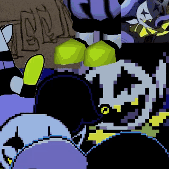 a collage of pixel art of a person with a yellow star on their face .