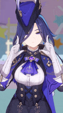 a girl in a blue and black outfit is giving a peace sign