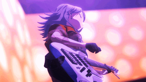 a girl is playing a guitar with the letter t on it