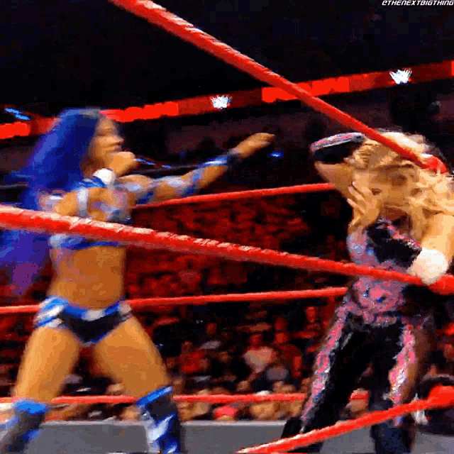 two women are wrestling in a wrestling ring and one of them is wearing a microphone