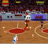 a video game screen shows a basketball game between the nba and the jam team