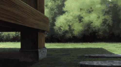 a painting of a grassy area with a few trees and a few steps