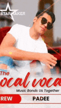 a man wearing sunglasses and a white shirt is sitting in a red car on a poster for starmaker