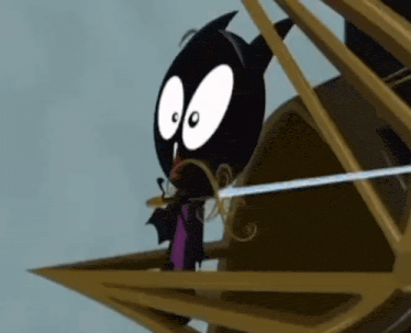 a cartoon character with big eyes is holding a sword in his hand