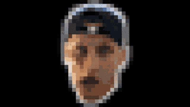 a pixelated image of a man 's face with a baseball cap on