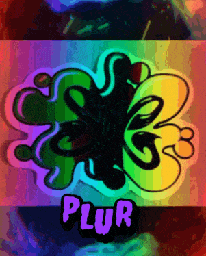 a rainbow colored background with the word plur in purple