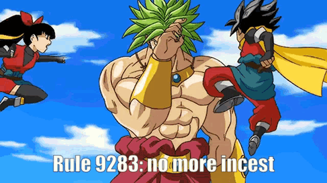 a cartoon of a man with green hair and the words rule 9283 no more incest on the bottom