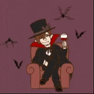 a vampire is sitting in a chair holding a glass of wine .