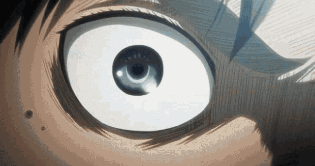 a close up of a person 's eye with a big white pupil .