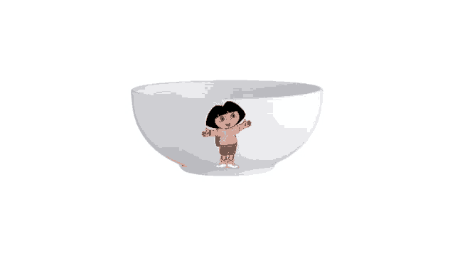 a white bowl with a picture of dora the explorer on it on a white background .
