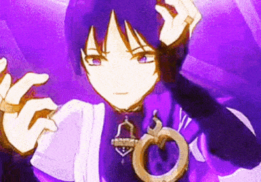 a close up of a purple anime character holding a purple object .