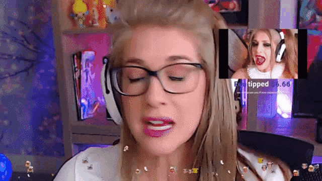 a woman wearing glasses and headphones looks at a screen that says tipped at the bottom