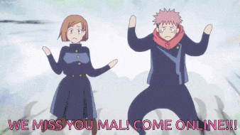 a cartoon of a man and a woman standing next to each other with the words we miss you mall come online