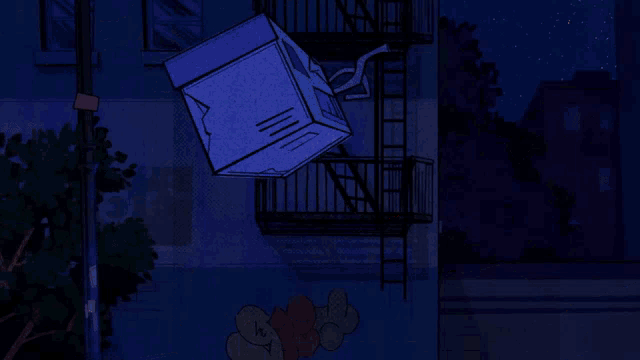 a cartoon drawing of a monster with a blue box in its mouth and a trash can that says only trash
