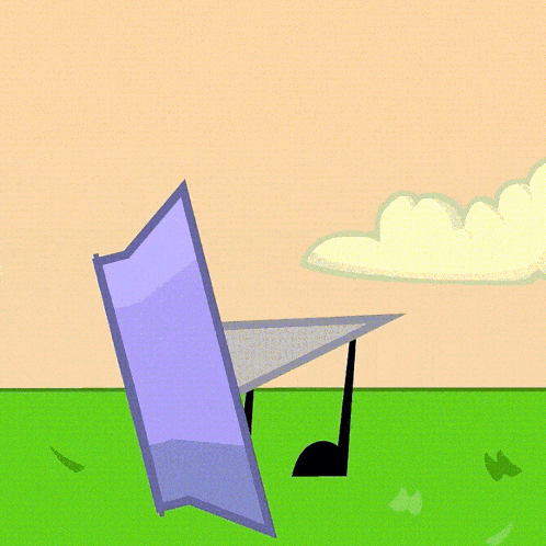 a cartoon character with a sad face is standing on a green field