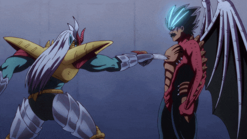 a cartoon drawing of a man and a demon fighting each other