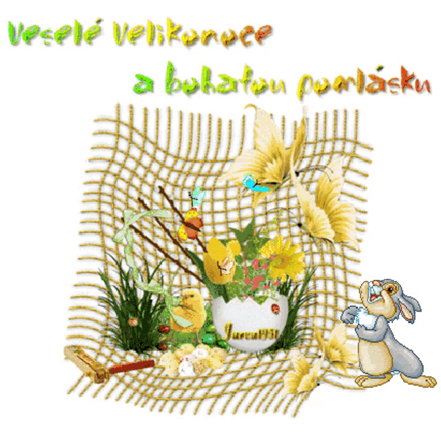 a picture of a bunny and flowers with the words vesele velikonoce a bohatou pamlasku