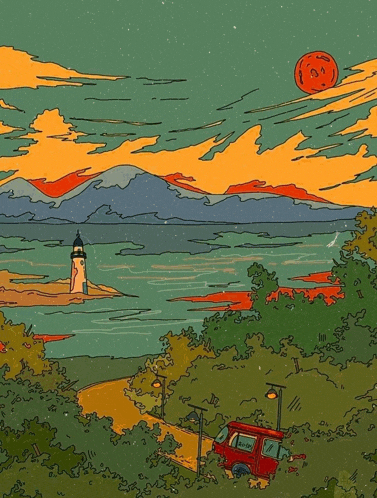 a cartoon drawing of a lighthouse and a van in front of a body of water
