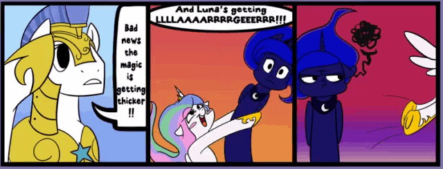 a comic strip shows a unicorn talking to another unicorn and says bad news the magic is getting thicker !!