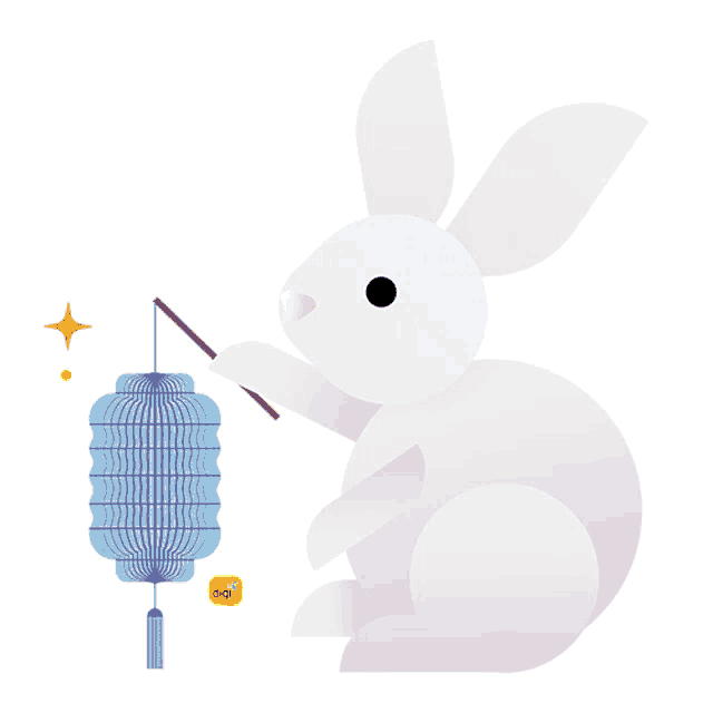 a white rabbit is holding a purple lantern with a digi logo nearby