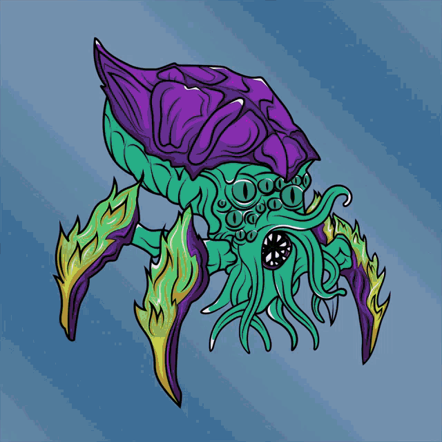 a cartoon drawing of a monster with a purple shell on top