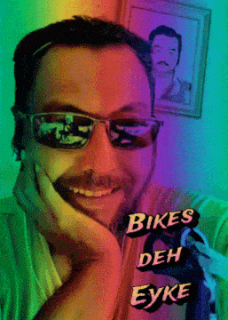 a man wearing sunglasses with the words " bikes deh eyke " on it
