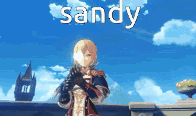 a video game character is named sandy and is standing in front of a blue sky