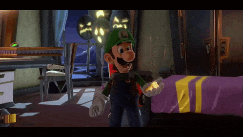 a video game character named luigi is standing in a room