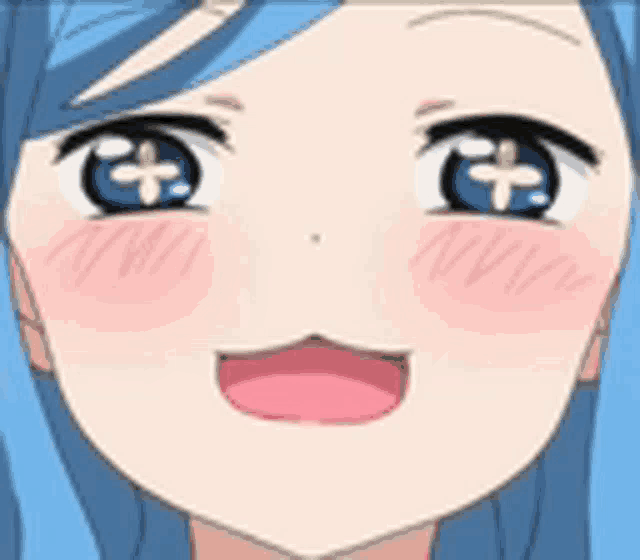 a close up of a anime girl 's face with blue hair and yellow eyes