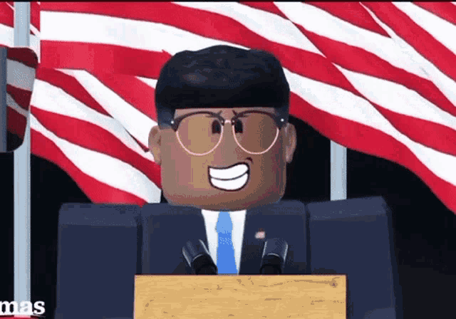 a man in a suit and tie is giving a speech at a podium with an american flag in the background