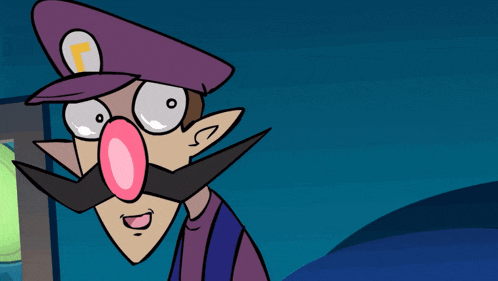a cartoon character with a purple hat and a yellow letter l on it