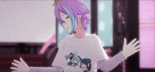 a girl with purple hair is wearing a white shirt with a picture of a girl on it