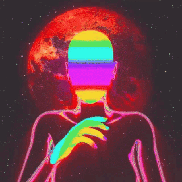 a colorful silhouette of a person with a rainbow face in front of a red moon .