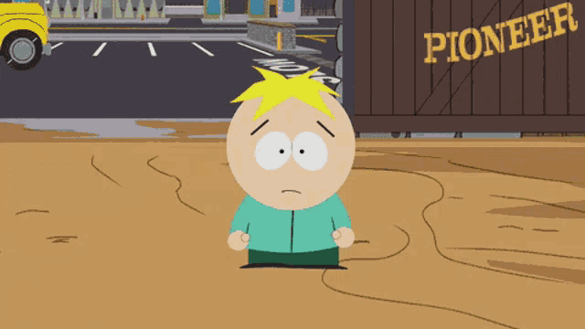 a cartoon character is standing in front of a pioneer sign