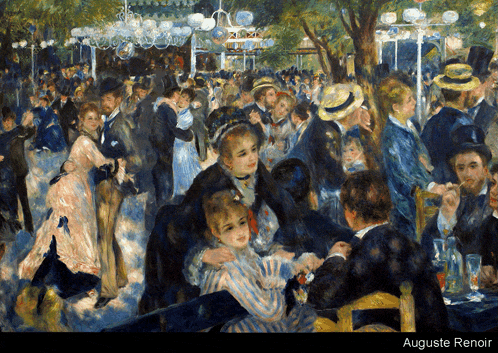a painting by auguste renoir shows a crowd of people dancing