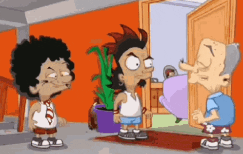 a group of cartoon characters are standing in front of an open door