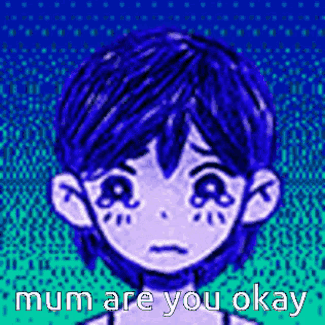 a pixel art of a girl with blue hair and the words `` mum are you okay ''