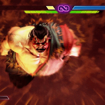 a video game screen shows a fighter with a purple x on the top right