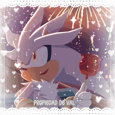 silver the hedgehog is holding a lollipop and giving a thumbs up with the words propiedad de val below him