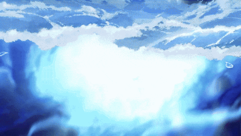 a painting of a waterfall with a blue sky and white clouds