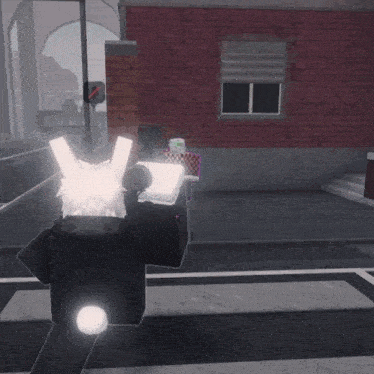 a person in a video game is standing in front of a brick building