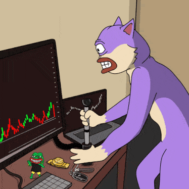 a purple cat is looking at a stock chart on a computer