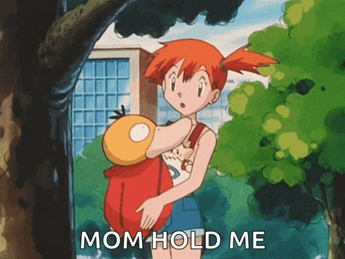 a cartoon of a girl holding a baby with the words mom hold me written below her