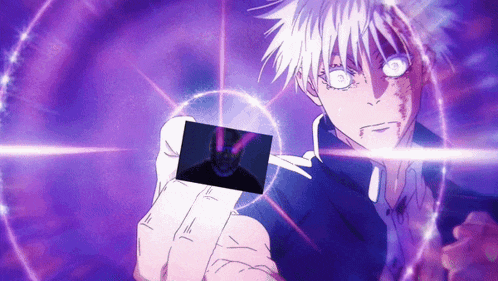 a man with white hair is holding a card with a purple background